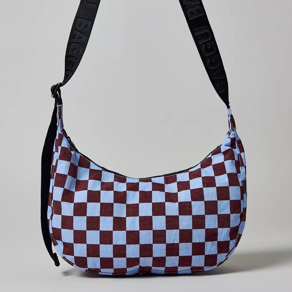 NWT Baggu Medium Crescent Bag - Brown Blue Check - Picture 5 of 8